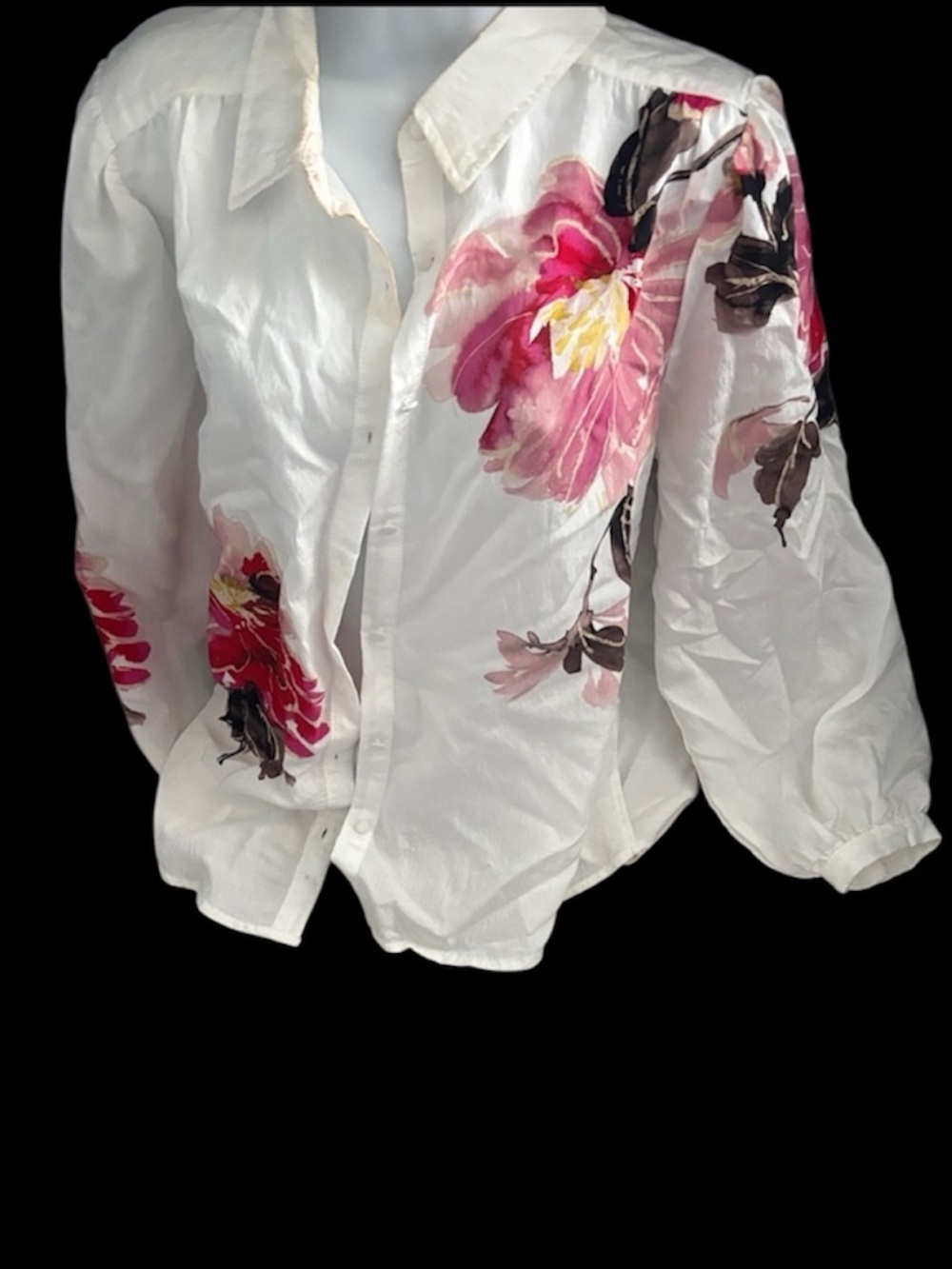 White Floral Button-Up floral satin shirt blouse with Pink bloom on  Detail